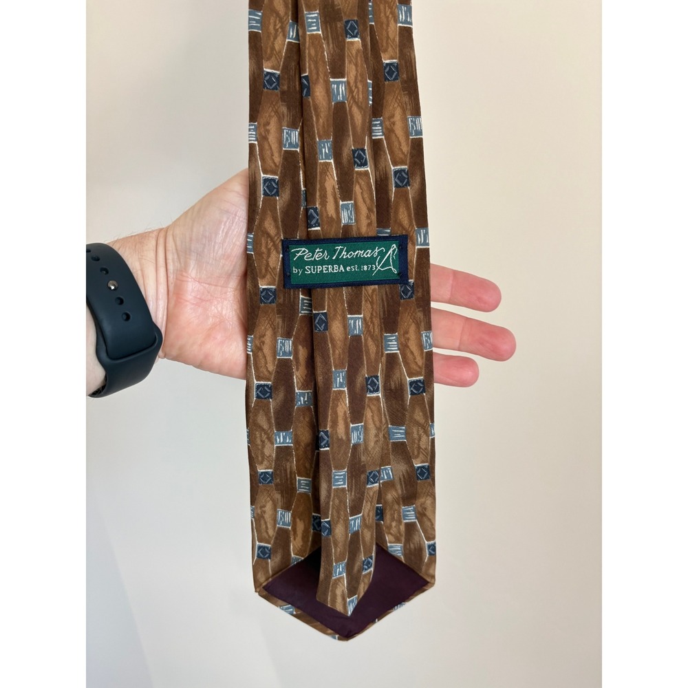 VTG Peter Thomas‎ by Superba Mens Geometric Silk Tie Brown Bronze Blue Patterned